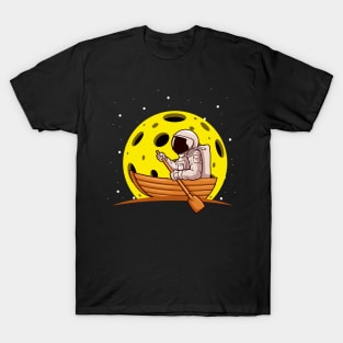 Astronaut Paddling In Boat with Moon In Space T-Shirt